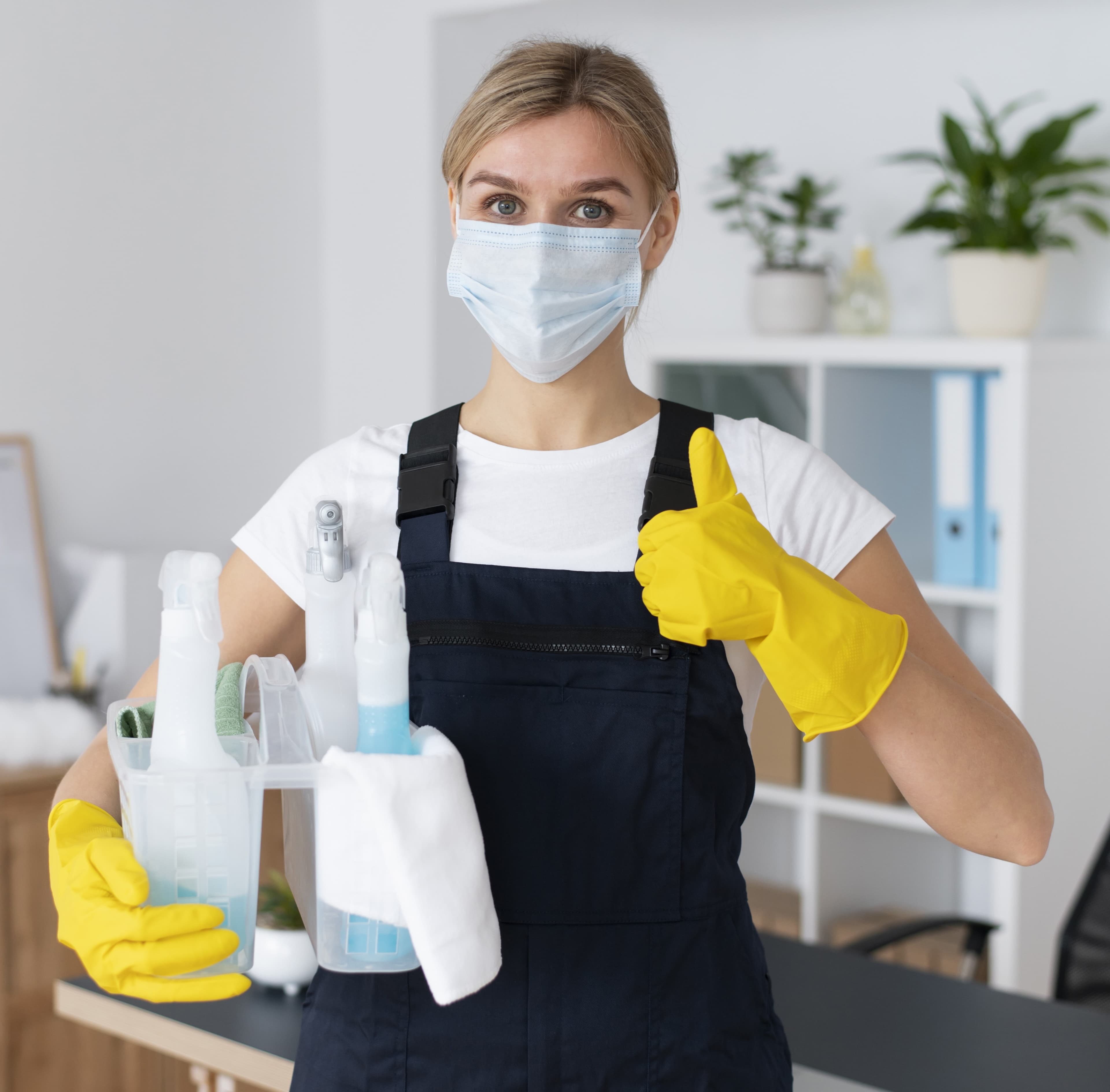 Smiling professional cleaner in uniform giving a thumbs up